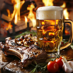 Enjoying delicious grilled pork ribs with vegetables and mug of lager beer near fireplace