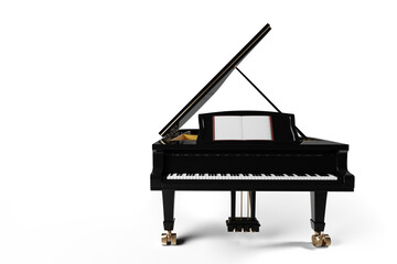 classic black grand piano with open lid on transparent background