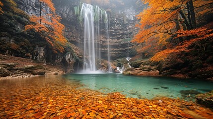 Canvas Print - Stunning photograph of a cascading waterfall with a clear pool, surrounded by vibrant autumn foliage and a smoky haze, illustrating the impact of climate change on water sources. high resolution