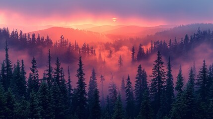 Poster - Captivating image of a forest at dawn with fog and distant smoke from wildfires, emphasizing the delicate balance of nature amidst increasing climate challenges. high resolution Illustration, in the