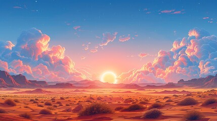 Sticker - Dynamic scene of a desert landscape under an intense sun with shifting clouds, emphasizing the extreme conditions and impacts of climate change on arid environments. high resolution Illustration, in