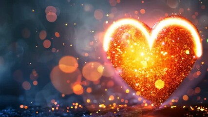 Poster - Glittering heart with radiant particles on dark backdrop, copy space