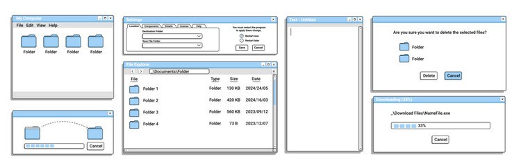 Set of old window for operating system on blue color. Digital loading bar. Retro explorer for computer.