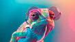 a chameleon wearing sunglasses in front of a colorful background