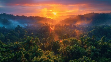 Wall Mural - Stunning image of a lush forest with a vibrant sunrise, contrasted with a smoky haze from wildfires, symbolizing the urgent need for environmental protection and climate change action. high