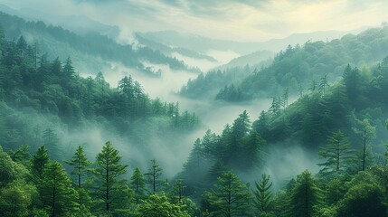 Canvas Print - Stunning scene of a forest bathed in early morning light with a blanket of fog and distant smoke, illustrating the delicate balance of nature amidst rising climate challenges and conservation needs.