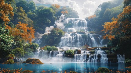 Wall Mural - Captivating scene of a cascading waterfall surrounded by lush greenery and autumn leaves, with a distant view of smoke, emphasizing the need for environmental protection and sustainability. high