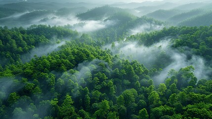 Poster - Dramatic photograph of a serene forest bathed in early morning light with a blanket of fog and distant smoke, illustrating the delicate balance of nature amidst climate change and conservation needs.