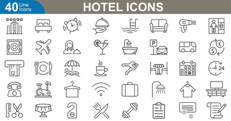 Wall Mural - hotel icons set vector illustration. reception, wi-fi, pool, parking, restaurant, gym, room service,