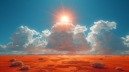 Poster - Beautiful photograph of a desert landscape under a blazing sun with shifting clouds, illustrating the harsh realities of climate change and the importance of sustainability and conservation. high