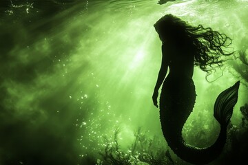 Wall Mural - Silhouette of a Mermaid in Green Water