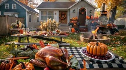 Wall Mural - Family praying holding hands at Thanksgiving table. Flat-lay of feasting peoples hands over