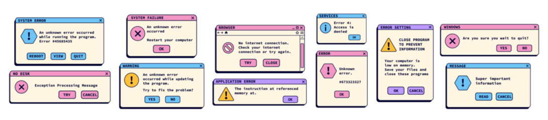 Nostalgic retro operating system illustrations. Error retro windows with messages.