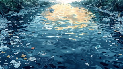 A close-up of a river with plastic pollution and a reflection of the sky, representing the urgent need for environmental protection and sustainability in water conservation. high resolution