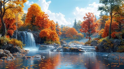 Poster - A tranquil autumn scene with colorful leaves and a peaceful stream, highlighting the beauty of nature and the importance of addressing climate change and conservation. high resolution Illustration,