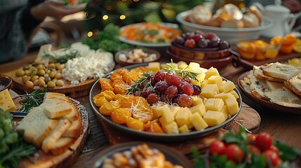 Wall Mural - Gourmet Cheese Platter with Grapes, Dried Tomatoes, and Rosemary