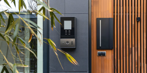 Modern video intercom at the entrance to the apartment door. Video doorbell to the house.
