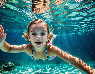 Wall Mural - A young girl is diving in the sea. The image is in blue tones