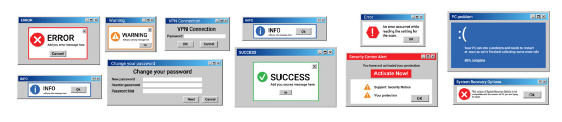 Retro desktop pop-up window with error message. Old notification on isolated screen.