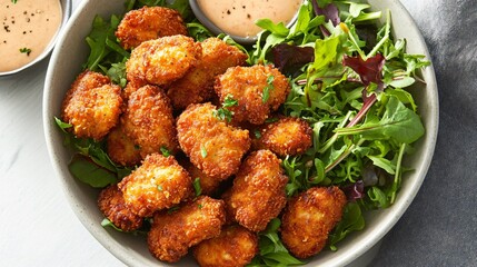 A bowl of vegan nuggets, made from plant-based ingredients, with a fresh green salad on the side