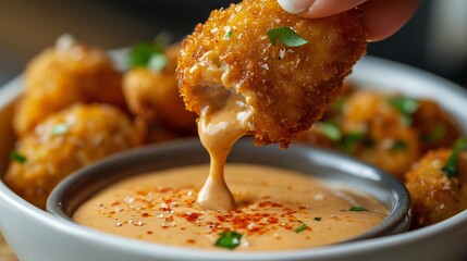 Wall Mural - A nugget being dipped into a creamy garlic sauce, with a sprinkle of paprika on top for added flavor