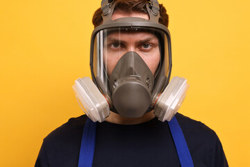 Sticker - Man in respirator mask on yellow background