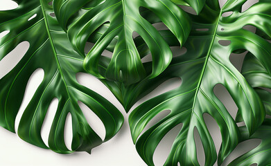 Poster - Lush green monstera leaves with prominent veins against a white background, emphasizing botanical beauty.