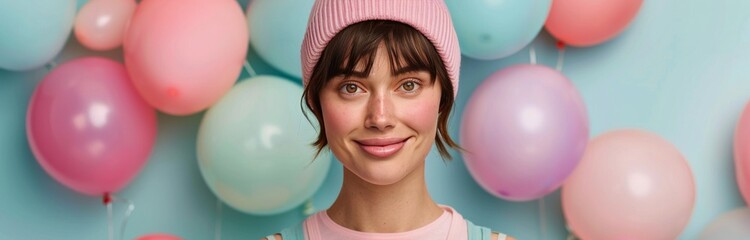 Wall Mural - Young Woman Smiling With Balloons in a Bright Room During a Celebration