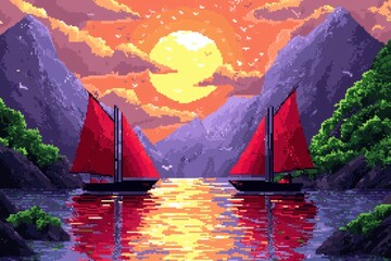 Wall Mural - Two Red Sailboats at Sunset in a Mountain Fjord