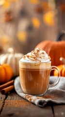 Pumpkin spice latte with cinnamon sticks, pumpkins, fall flavors