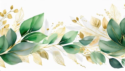 Wall Mural - Seamless watercolor border - illustration with green gold leaves and branches. Generated image