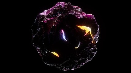 Wall Mural - 3d render video animation abstract damaged 3d planet earth , moon or asteroid in spherical shape with big holes in organic rough pattern on surface in outer space with yellow magma plasma core inside