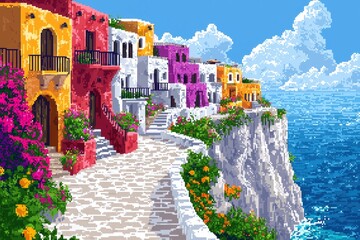 Colorful Mediterranean Village on Cliffside Overlooking the Ocean