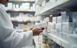 © Curioso.Photography - A pharmacist or healthcare professional in a pharmacy examining medication boxes on a shelf, highlighting medicine and health care.