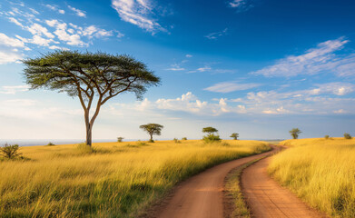 Wall Mural - A scenic dirt road leading through the African savanna landscape, with iconic acacia trees under a clear blue sky.