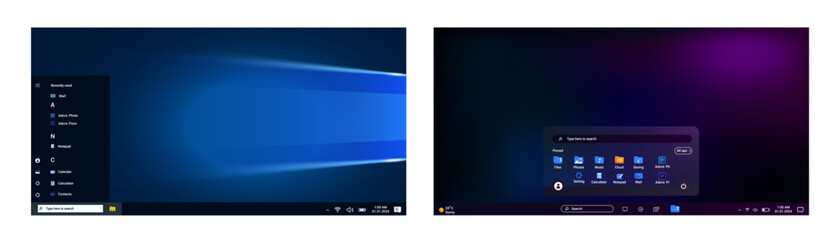 Modern operating systems window in blue and purple style with user interface and programs. Start menu with office software. Desktop with applications.