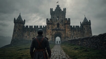 Wall Mural - A mysterious guard standing watch at the entrance of an ancient castle, with a gloomy castle and fog in the background.