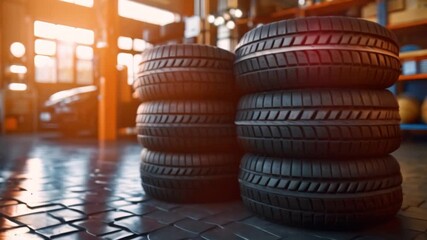 Wall Mural - An auto repair shop installs a new tire. A car in the stock blur of the industry is seen getting four new tires installed in an auto repair shop in the hazy background.