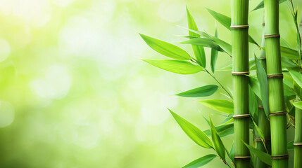 Wall Mural - Green bamboo stalks against a blurred natural background, representing growth, nature, and tranquility.