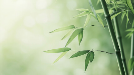 Wall Mural - Green bamboo stalks against a blurred natural background, representing growth, nature, and tranquility.