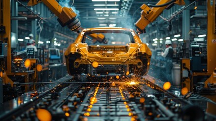 Wall Mural - Assembly line and car assembly line with robots welding car steel in a car factory