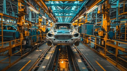 Wall Mural - Assembly line and car assembly line with robots welding car steel in a car factory