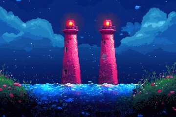 Wall Mural - Two Lighthouses on a Starry Night