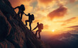 © Curioso.Photography - A group of climbers ascending a rocky mountain at sunset, emphasizing teamwork, adventure, and determination.