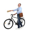 © New Africa - Happy postman with bicycle delivering letters on white background