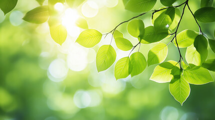 Poster - Sunlit green leaves on a branch with a bokeh background, highlighting natural beauty and tranquility.