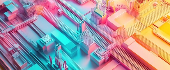 Fiber network flat design top view technology infrastructure theme 3D render colored pastel