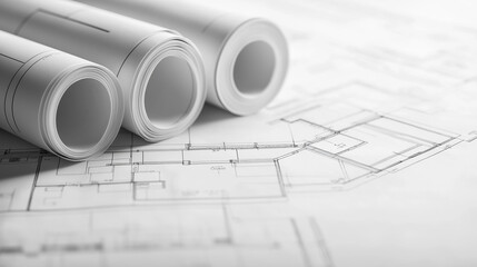 Rolled-up architectural blueprints on a table, highlighting design and planning concepts.