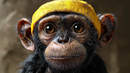 Close-up of a chimpanzee with expressive eyes, wearing a yellow hat and towel, against a neutral background.
