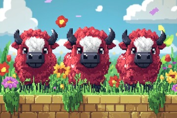 Poster - Pixelated Red Bulls in a Meadow